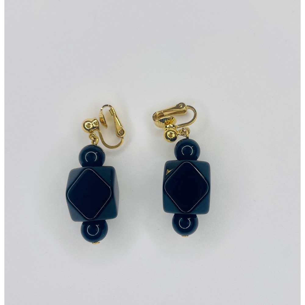 Vintage Trifari Signed Clip On Earrings Black Lucite Gold Tone Geometric Dangle